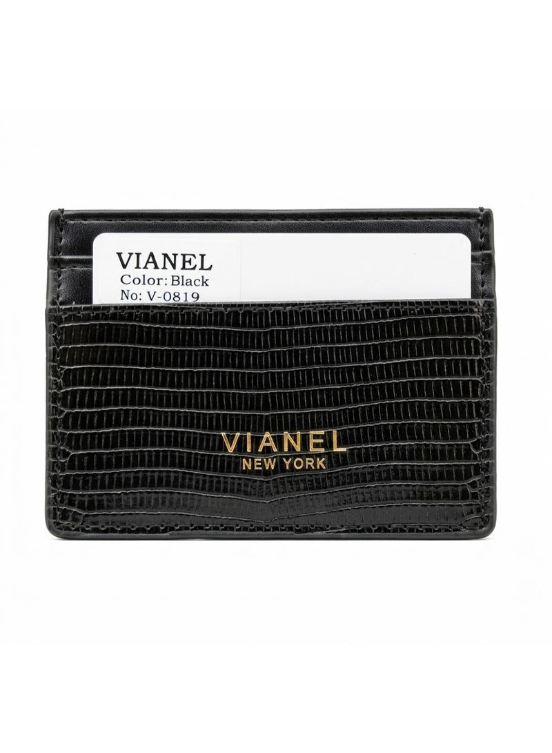 محفظة بطاقات VIANEL New York من الجلد المنقوش بنقشة السحلية - أسود
