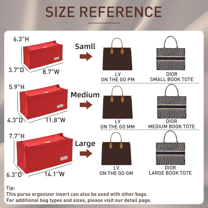 Doxo Purse Organizer Insert,Felt Bag Organizer with Zipper,Tote Organizer Insert Suitable for Lv Onthego GM & D Book Tote Bag Large and More (Red-With Cover) - Image 2