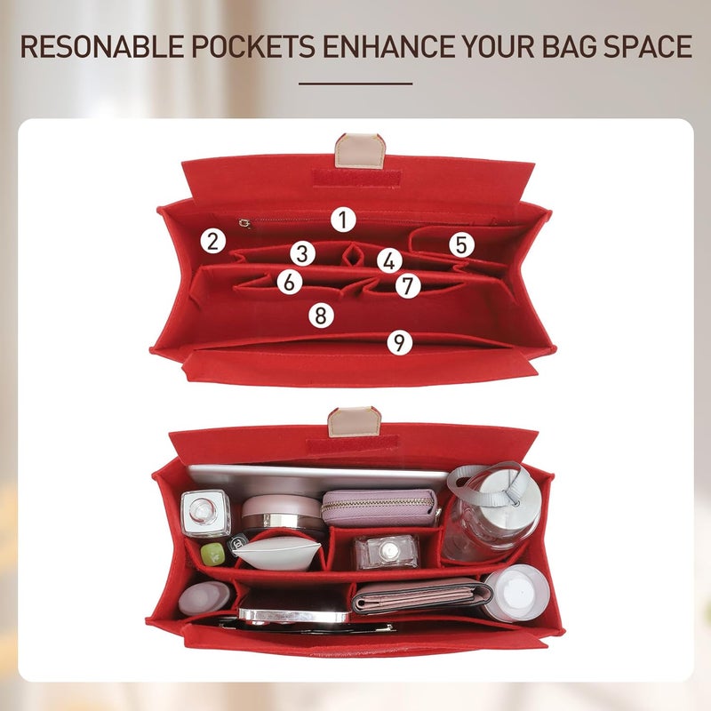 Doxo Purse Organizer Insert,Felt Bag Organizer with Zipper,Tote Organizer Insert Suitable for Lv Onthego GM & D Book Tote Bag Large and More (Red-With Cover) - Image 4