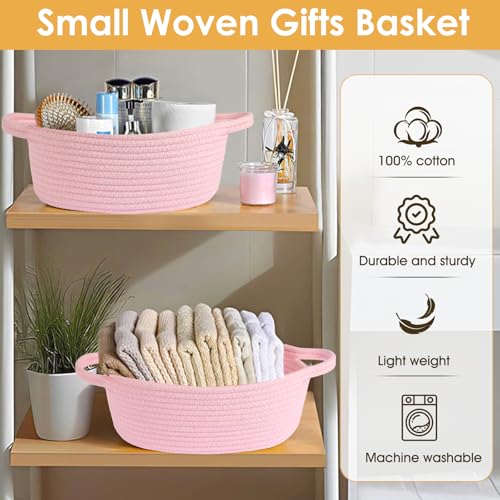 HOBASKET Small gift Basket with Bag and Ribbon Included,Cotton Rope Woven Storage Basket, Pink, Organic Cotton, 12x8x5 Inches, with Handles,Cute Baby Toy Basket - Image 4