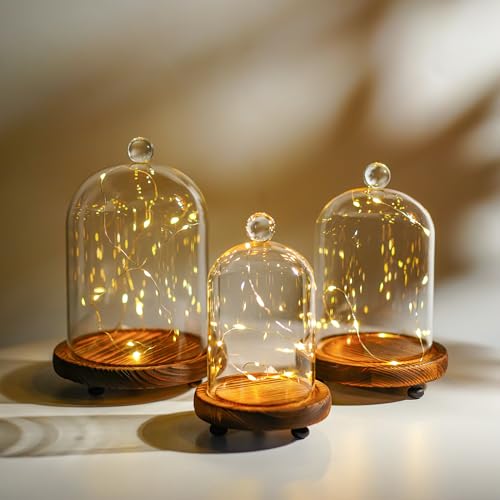 ZEERSHEE Set of 3 Glass Bell Shape Dome with Wooden Base(4.5''/3.7''/3''), Clear Decorative Glass Dustproof Dome with Handle for Home Party Wedding Decor - Image 5