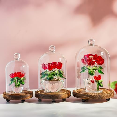 ZEERSHEE Set of 3 Glass Bell Shape Dome with Wooden Base(4.5''/3.7''/3''), Clear Decorative Glass Dustproof Dome with Handle for Home Party Wedding Decor - Image 4