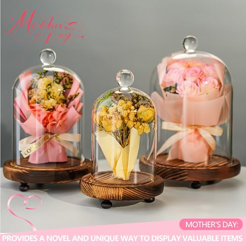 ZEERSHEE Set of 3 Glass Bell Shape Dome with Wooden Base(4.5''/3.7''/3''), Clear Decorative Glass Dustproof Dome with Handle for Home Party Wedding Decor - Image 2