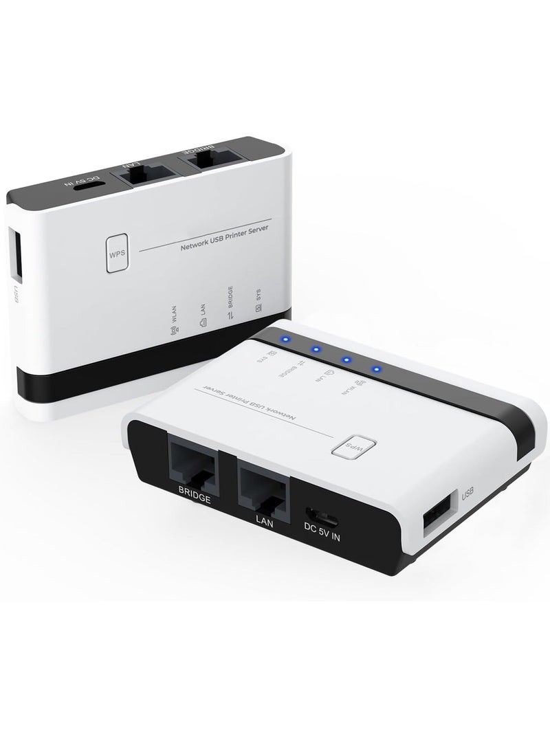 خادم طباعة لاسلكي 2 منفذ USB 2.0 خادم طباعة WiFi مع LAN بسرعة 100 ميجابت في الثانية ووضع الجسر السلكي واللاسلكي المستقل متوافق مع Windows 10 8 7 XP Mac OS وجميع الطابعات المدعومة من RAW - Image 1