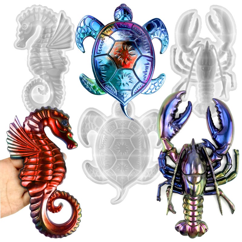 3Pcs Sea Animal Resin Molds Silicone Sea Turtles Lobster Seahorse Mold Epoxy Resin Casting Mold Large Unique Marine Mould for DIY Resin Concrete Crafts Wall Hanging Halloween Christmas Home Decor