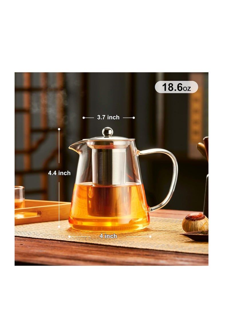 Glass Teapot Stovetop 18.6 OZ, Borosilicate Clear Tea Kettle with Removable 18/8 Stainless Steel Infuser, Blooming and Loose Leaf Hand Crafted Kettle for Camping, Travel (550ML)