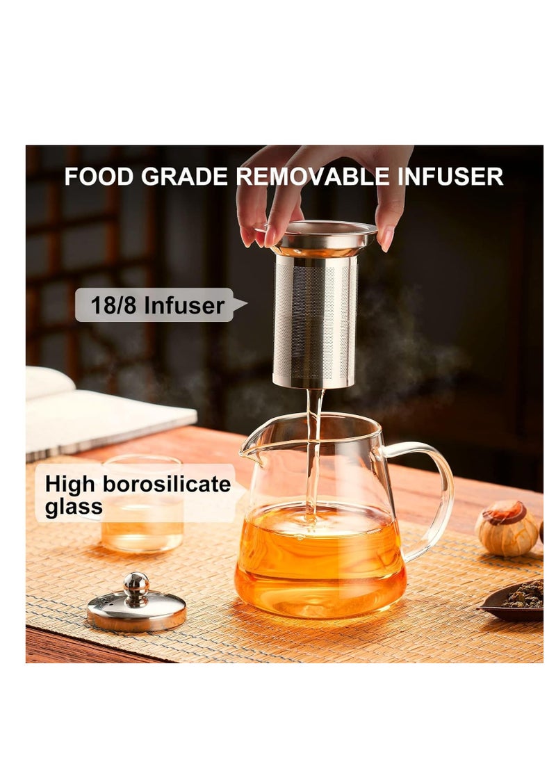 Glass Teapot Stovetop 18.6 OZ, Borosilicate Clear Tea Kettle with Removable 18/8 Stainless Steel Infuser, Blooming and Loose Leaf Hand Crafted Kettle for Camping, Travel (550ML)