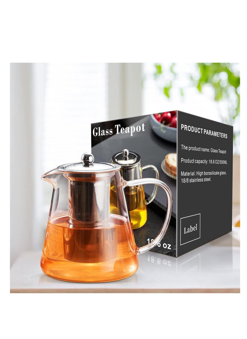 Glass Teapot Stovetop 18.6 OZ, Borosilicate Clear Tea Kettle with Removable 18/8 Stainless Steel Infuser, Blooming and Loose Leaf Hand Crafted Kettle for Camping, Travel (550ML)