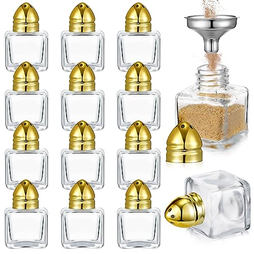 Uiifan 12 Pcs 05 oz Cube Shape Small Salt and Pepper Shakers with Tone Tops Clear Mini Glass Seasoning Jars Spice Salt Shakers with Funnel for Wedding Party Restaurant Home Kitchen Gold