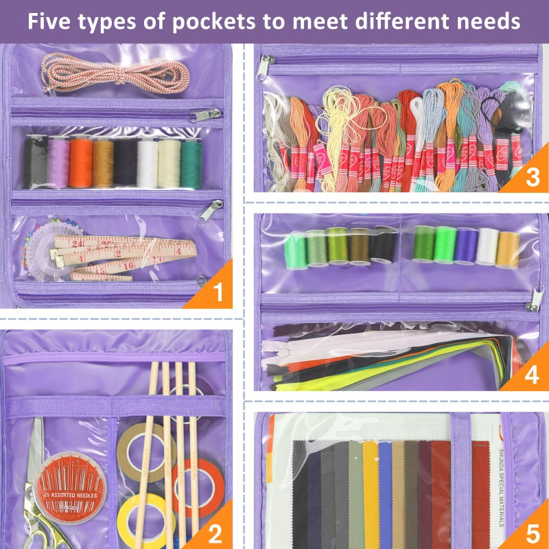 FINPAC Sewing and Craft Supplies Storage Tote, Large Capacity Travel Packing Organizer Bag with Clear Pockets and Handle for Knitting, Crochet, Art, Sewing Accessories(Lavender) - Image 3