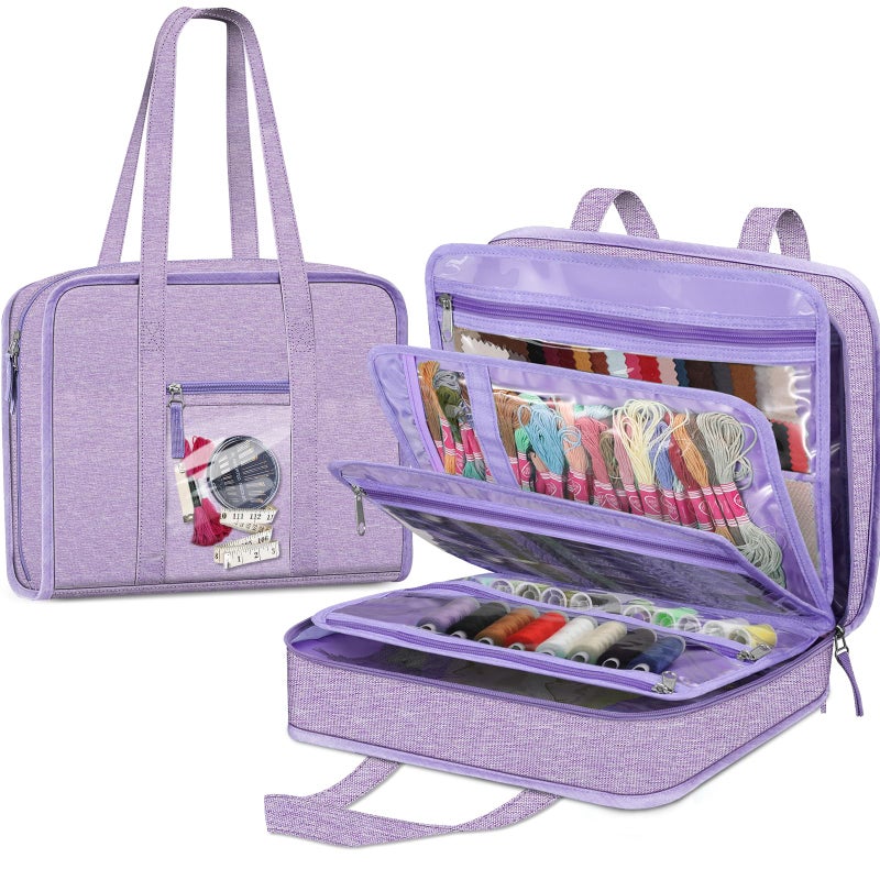 FINPAC Sewing and Craft Supplies Storage Tote, Large Capacity Travel Packing Organizer Bag with Clear Pockets and Handle for Knitting, Crochet, Art, Sewing Accessories(Lavender) - Image 1