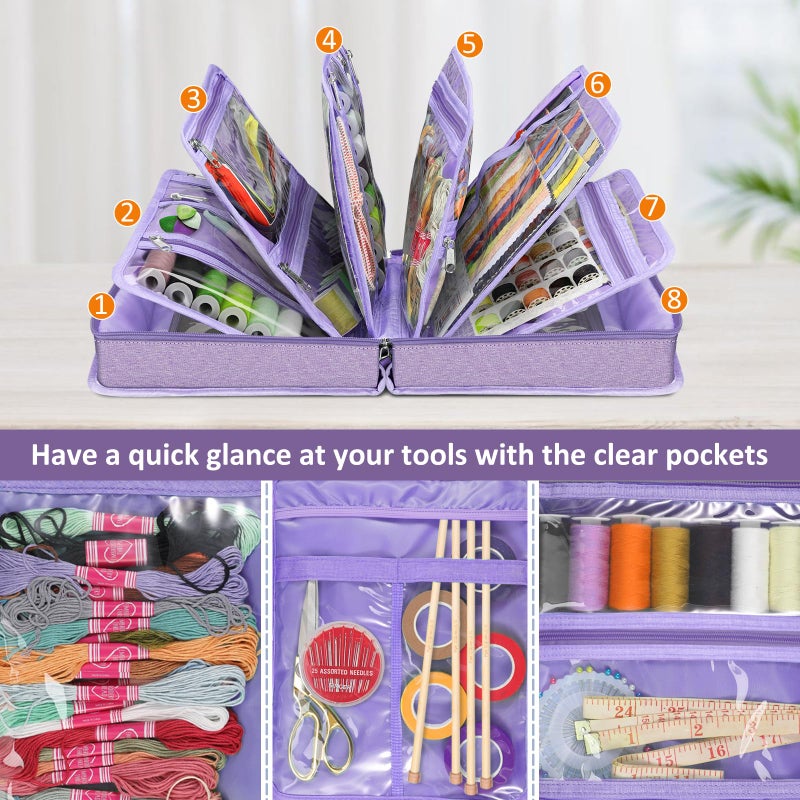 FINPAC Sewing and Craft Supplies Storage Tote, Large Capacity Travel Packing Organizer Bag with Clear Pockets and Handle for Knitting, Crochet, Art, Sewing Accessories(Lavender) - Image 2