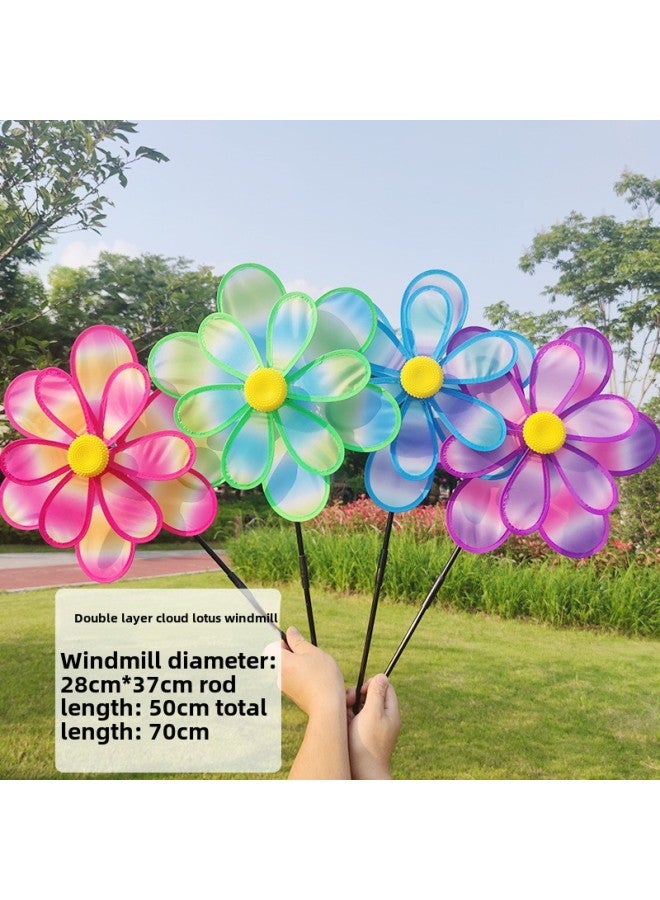 Garden Decorations Fabric Windmill Printing Color Double Cloth Windmill Children Outdoor Toys Sunflower Windmill-Color:Double Cloud Lotus  - Image 1