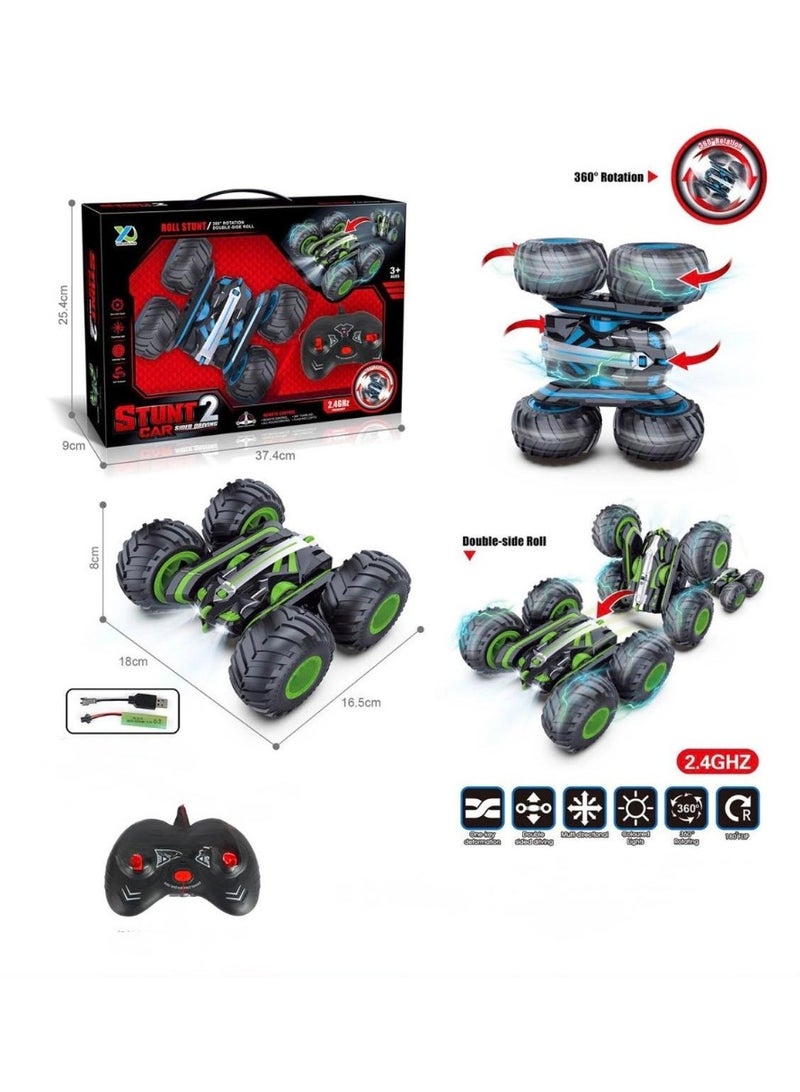 توي لاند سيارة حركات بهلوانية تعمل بجهاز تحكم عن بعد بتردد 2.4 جيجاهرتز مع دوران 360 درجة، وقلبات، وعجلات للطرق الوعرة - لون أخضر - Image 3