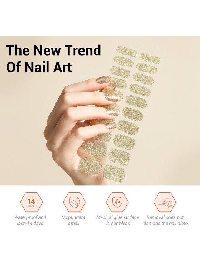 Modelones Champagne Gold Semi Cured Gel Nail Strips from BELLE GAGA 20 Pcs Gel Nail Stickers Sheer Gel Polish Strips, Gel Nail Wraps 10 Sizes, Works With UV Light, Includes 2 Prep Pads, Nail File & Wooden Stick - Image 3