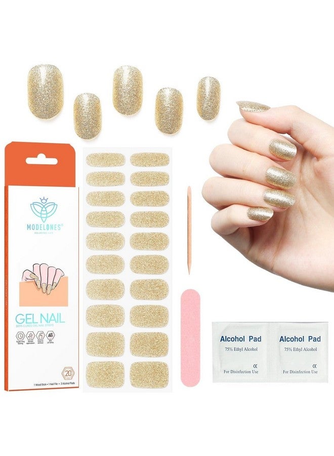 Modelones Champagne Gold Semi Cured Gel Nail Strips from BELLE GAGA 20 Pcs Gel Nail Stickers Sheer Gel Polish Strips, Gel Nail Wraps 10 Sizes, Works With UV Light, Includes 2 Prep Pads, Nail File & Wooden Stick - Image 1