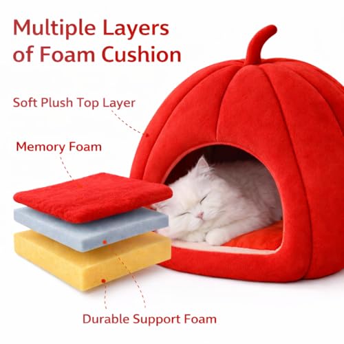 Zexsazone Summer Cat House, Portable Cat Bed with Removable Cushion, 2-in-1 Washable Cozy Puppy Bed Hut Cat Cave, Foldable Warm for Pets Puppy Kitten Rabbit (Red, Shape - Pumpkin) - Image 5