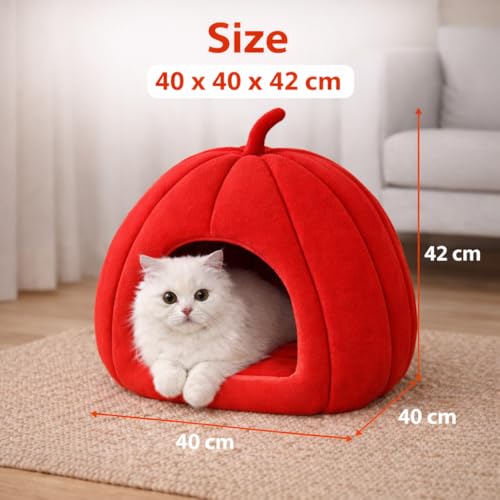 Zexsazone Summer Cat House, Portable Cat Bed with Removable Cushion, 2-in-1 Washable Cozy Puppy Bed Hut Cat Cave, Foldable Warm for Pets Puppy Kitten Rabbit (Red, Shape - Pumpkin) - Image 4