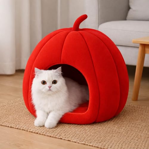 Zexsazone Summer Cat House, Portable Cat Bed with Removable Cushion, 2-in-1 Washable Cozy Puppy Bed Hut Cat Cave, Foldable Warm for Pets Puppy Kitten Rabbit (Red, Shape - Pumpkin) - Image 1