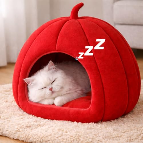 Zexsazone Summer Cat House, Portable Cat Bed with Removable Cushion, 2-in-1 Washable Cozy Puppy Bed Hut Cat Cave, Foldable Warm for Pets Puppy Kitten Rabbit (Red, Shape - Pumpkin) - Image 3