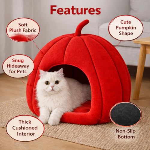 Zexsazone Summer Cat House, Portable Cat Bed with Removable Cushion, 2-in-1 Washable Cozy Puppy Bed Hut Cat Cave, Foldable Warm for Pets Puppy Kitten Rabbit (Red, Shape - Pumpkin) - Image 2