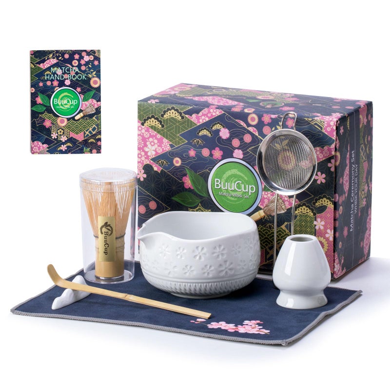 Buucup Matcha Whisk Set, Ceramic Matcha Kit Set Includes Matcha Bowl, Matcha Whisk and Holder, Bamboo Scoop, Scoop Rest, Sifter and Tea Towel - 7 Pcs Matcha Kit for Matcha Lovers(White) - Image 1