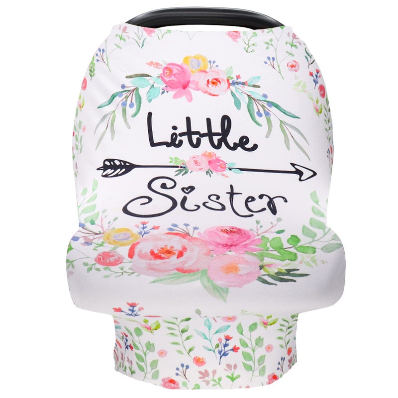 SWESEN Baby Car Seat Covers Girls, Little Sister Car Seat Canopy for Infant, Multiuse Nursing Covers, Floral Theme Newborn Carrier Cover Summer, Breastfeeding Scarf, Ultra-Soft Breathable - Image 1