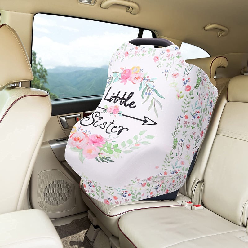SWESEN Baby Car Seat Covers Girls, Little Sister Car Seat Canopy for Infant, Multiuse Nursing Covers, Floral Theme Newborn Carrier Cover Summer, Breastfeeding Scarf, Ultra-Soft Breathable - Image 4