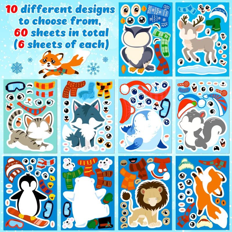 Moon Boat 60Sheets Winter Animal Stickers Crafts Bulk, Christmas Make- A- Penguin/Fox/Owl/Reindeer Face Sticker Holiday Gifts Goodie Bag Stuffer Activity Games Party Favors(Small Size) - Image 3