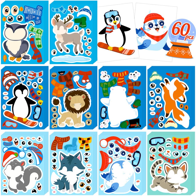 Moon Boat 60Sheets Winter Animal Stickers Crafts Bulk, Christmas Make- A- Penguin/Fox/Owl/Reindeer Face Sticker Holiday Gifts Goodie Bag Stuffer Activity Games Party Favors(Small Size) - Image 1