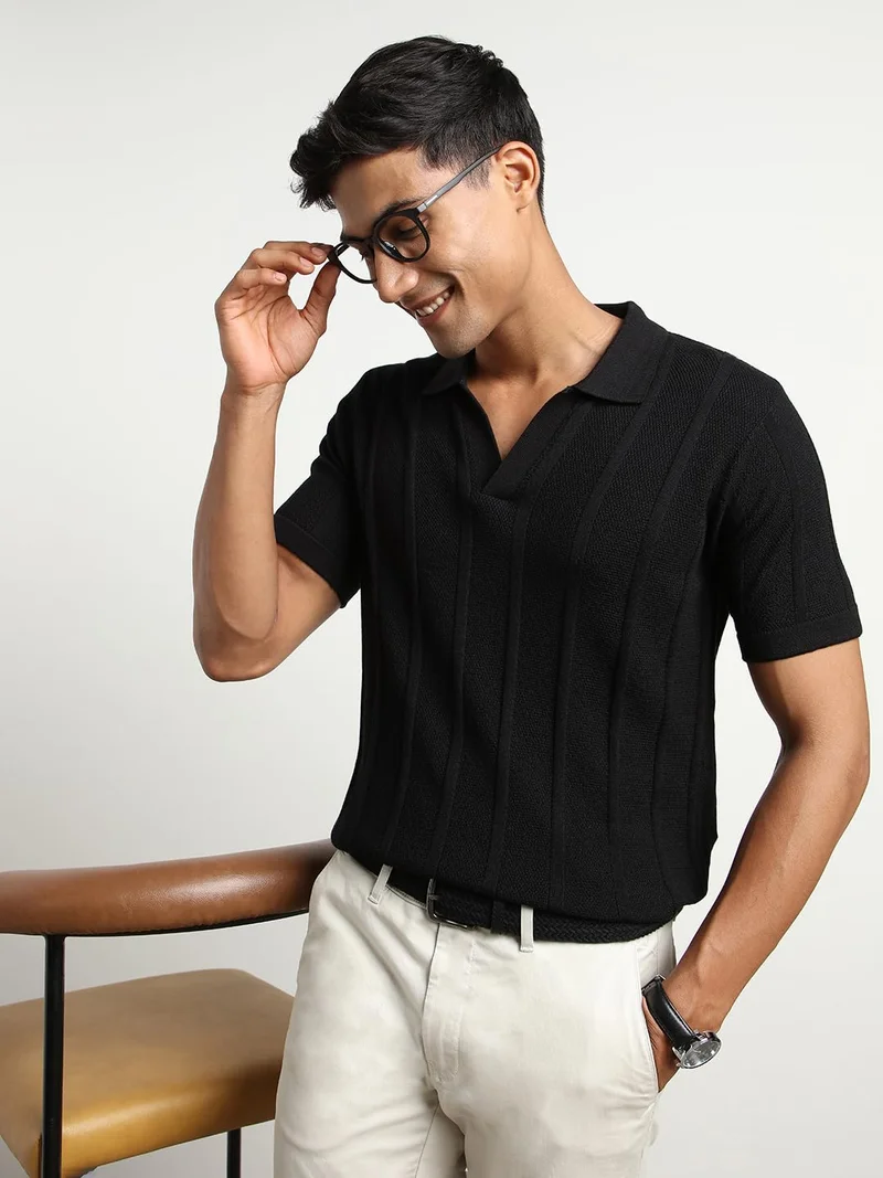 نوبيرو Men's Black Textured Polo Shirt