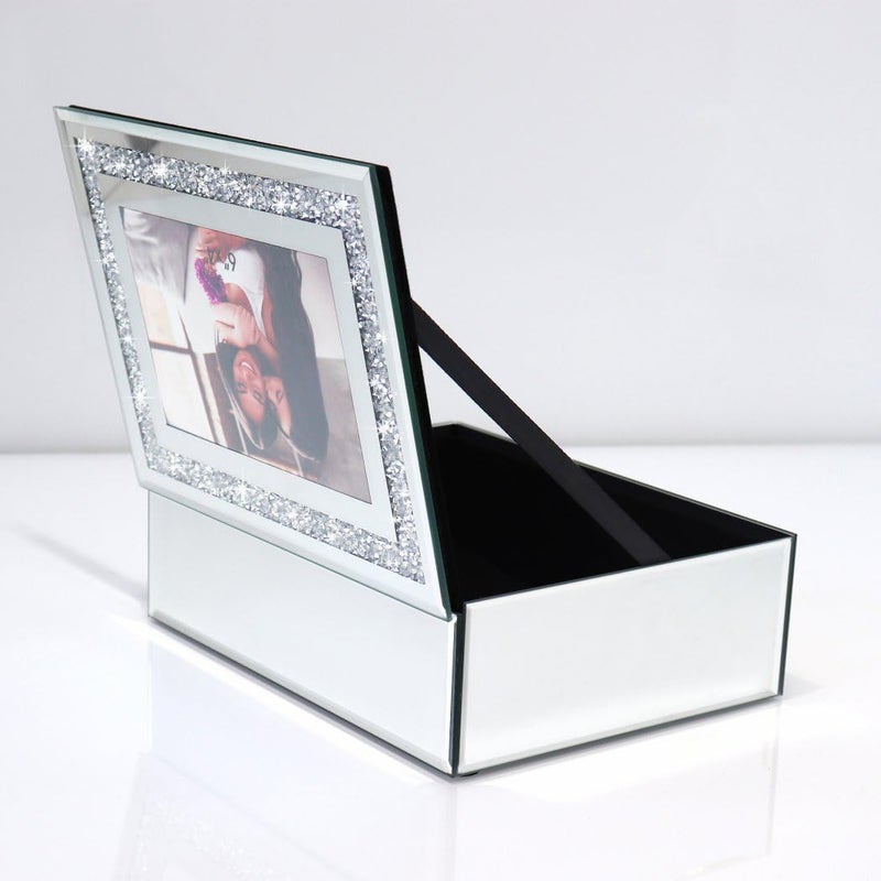 QMDECOR Crushed Diamond Mirrored Jewelry Box With Photograph 4x6inch On Top, Silver Glass Bling Jewelry Organizer Photo Picture Frame Storage Box For Gift - Image 5
