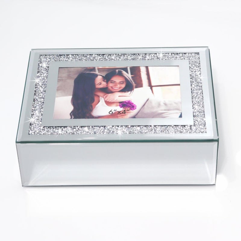 QMDECOR Crushed Diamond Mirrored Jewelry Box With Photograph 4x6inch On Top, Silver Glass Bling Jewelry Organizer Photo Picture Frame Storage Box For Gift - Image 2
