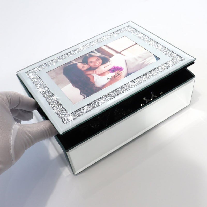 QMDECOR Crushed Diamond Mirrored Jewelry Box With Photograph 4x6inch On Top, Silver Glass Bling Jewelry Organizer Photo Picture Frame Storage Box For Gift - Image 3