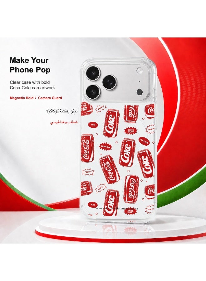 Coca-Cola iPhone 17 Pro Magnetic Clear Phone Case, Slim Protective Cover with Coke Can Pattern, Wireless Charging Compatible, Raised Camera Protection, Clear/Red - Image 1