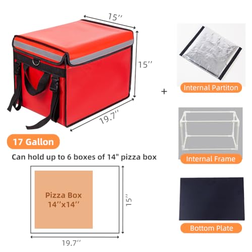 TooCust Red XXL Insulated Food Delivery Bag - 19.7" x 15" x 15", Commercial Insulated Pizza Delivery Bag with Divider, Waterproof & Foldable, 62L Can Hold Up to 7 Boxes of 14" Pizza Box - Image 3