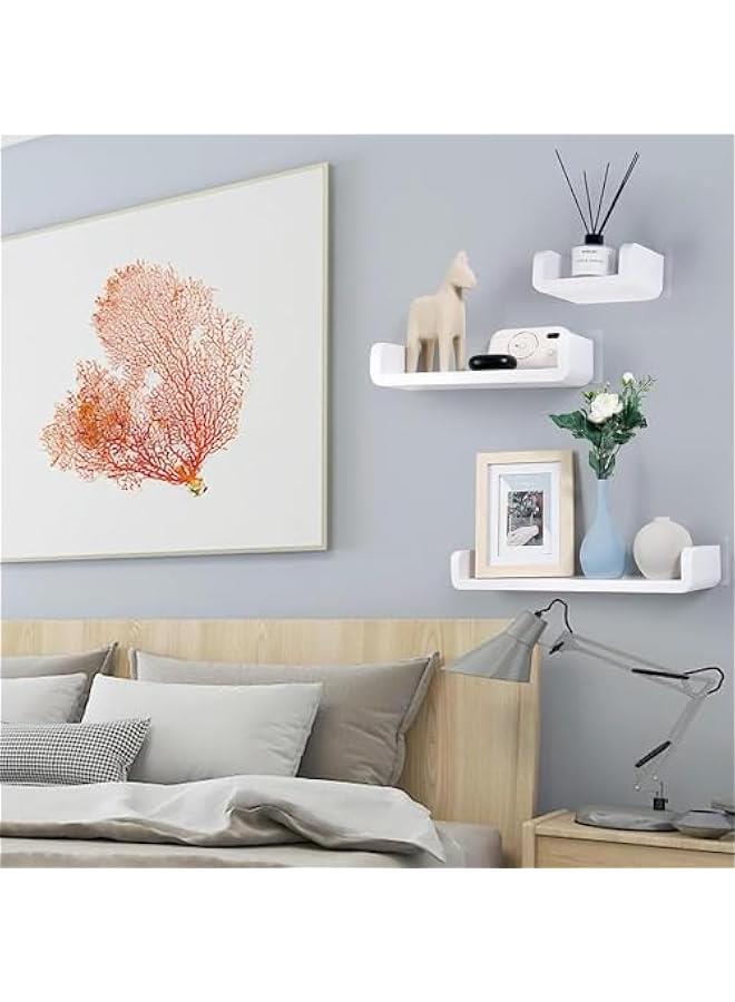 HOOKOR Set of 3 White Floating Shelves U Ledge Display Plastic Wall Shelf Stick On Damage Free Non-Drilling Removable Wall Decor for Home Living Room Kitchen Bathroom Indoor - Image 2