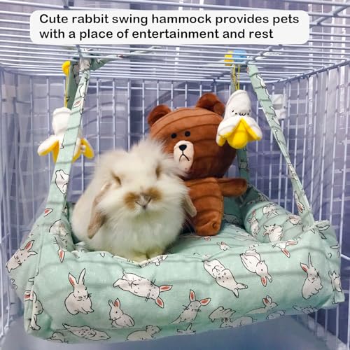 RMNHPTK Rabbit Hammock Swing Small Animal Hanging Swing Hammock Bed with 2 Pads Pet Hammock Swing for Rabbits Guinea Pigs Chinchillas Kitten (Green Rabbit) - Image 5