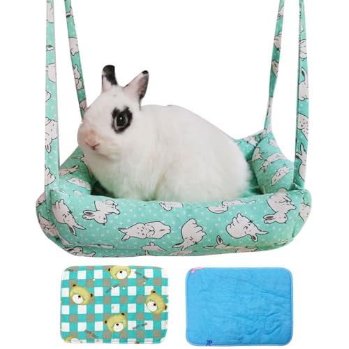 RMNHPTK Rabbit Hammock Swing Small Animal Hanging Swing Hammock Bed with 2 Pads Pet Hammock Swing for Rabbits Guinea Pigs Chinchillas Kitten (Green Rabbit) - Image 1