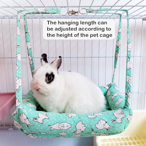 RMNHPTK Rabbit Hammock Swing Small Animal Hanging Swing Hammock Bed with 2 Pads Pet Hammock Swing for Rabbits Guinea Pigs Chinchillas Kitten (Green Rabbit) - Image 2