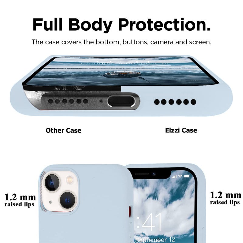 Elzzi Microfiber Logo Cut Cover Compatible for iPhone 13 Case Cushion Liquid Soft Silicone Gel Rubber Phone Cases Non-Slip Full Body Protective Shockproof Back Cover 6.1 inch, Mist Blue - Image 5