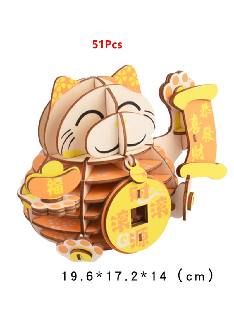 Children's Educational 3D Wooden Model Self-assembly Handmade Puzzle Toy (Lucky Cat 51Pcs) - Image 2