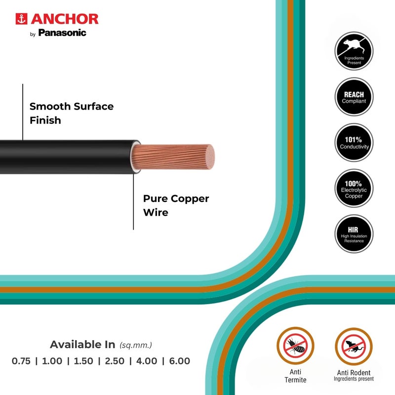 Anchor by Panasonic 15 mm COPAPro FR Electrical Wire 90 Meter Fire Resistant Single Core PVC insulated Pure Copper Wire Anti Rodent Anti Termite Flexible Wire for Connections BLACK 96139BK - Image 4