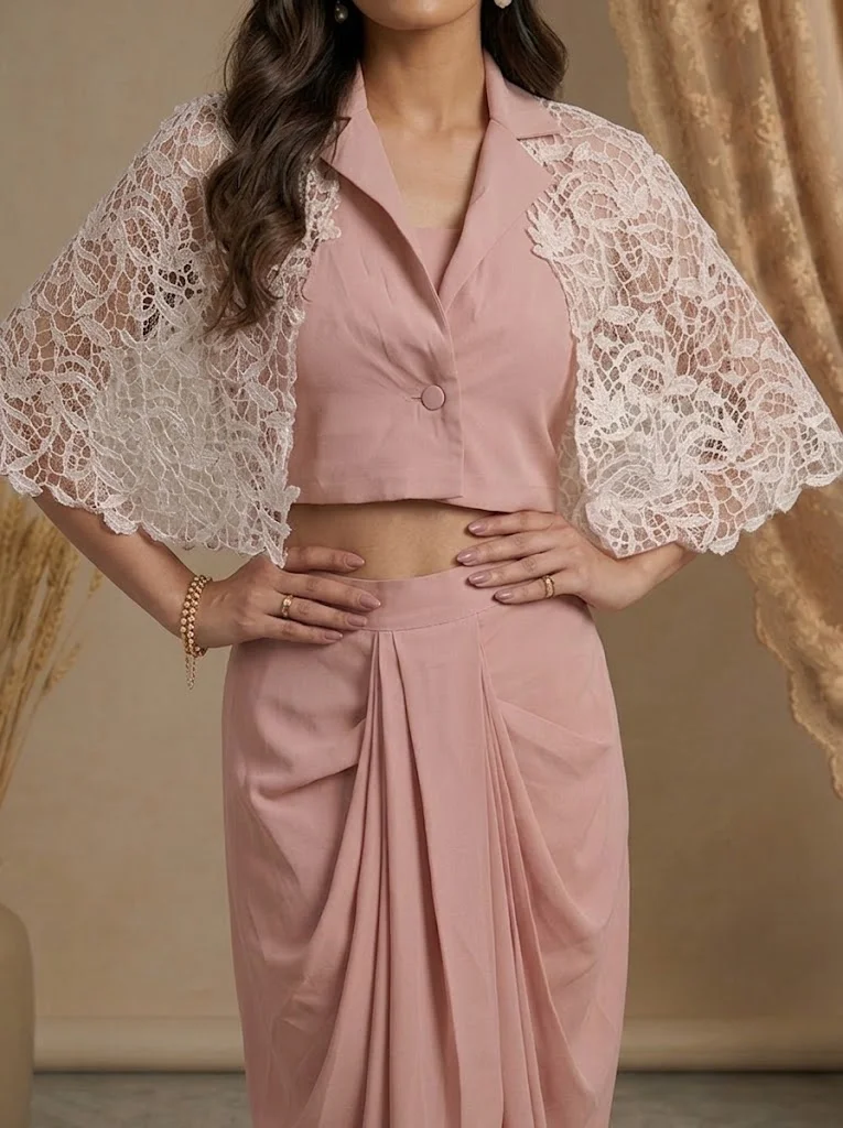 Viny  VINY Pink Lace Crop Top & Skirt Set – Women's Indian Ethnic Wear for Women | Best Price UAE