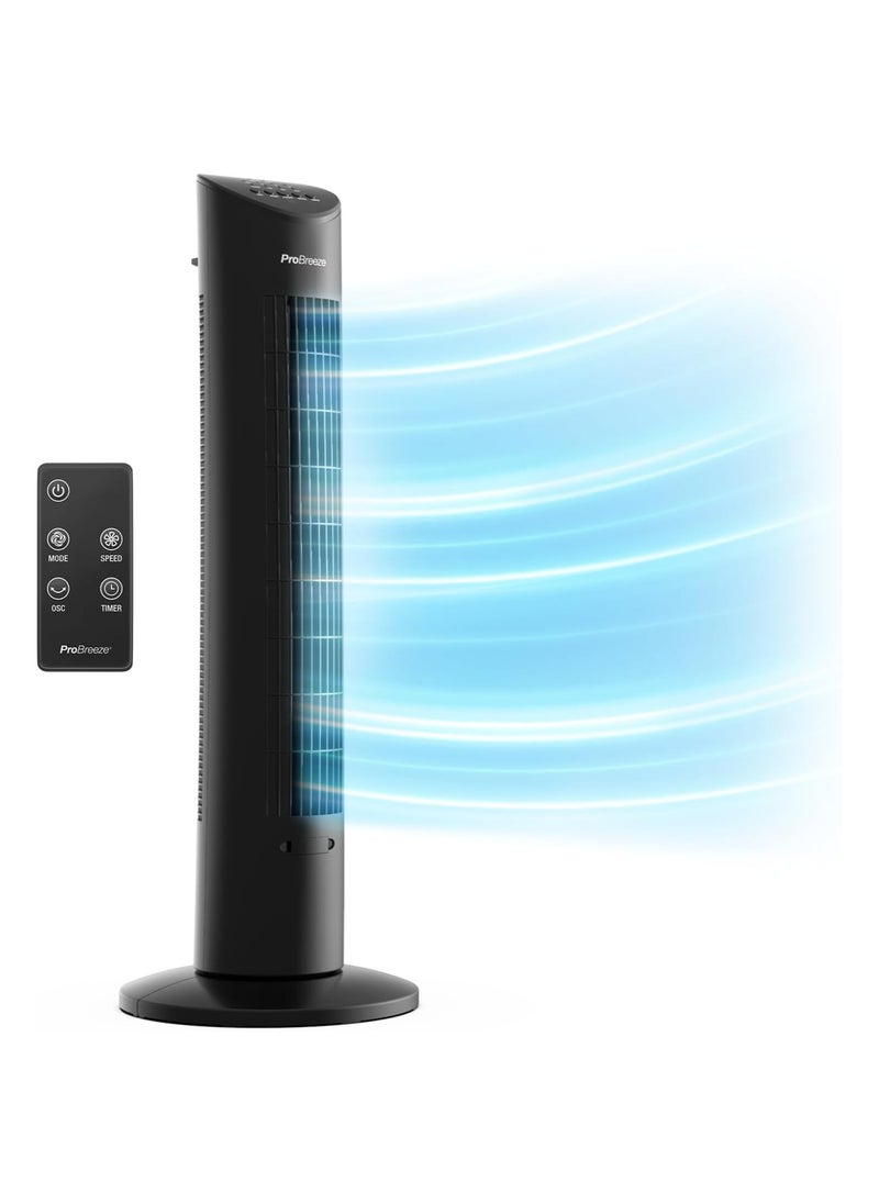 Pro Breeze - Oscillating 30-inch Tower Fan with Ultra-Powerful 60W Motor, Remote Control, 7.5 Hour Timer and 3 Cooling Fan Modes for Home and Office - Black - Image 1