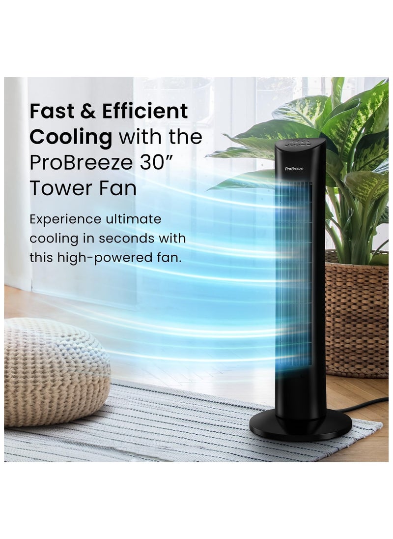 Pro Breeze - Oscillating 30-inch Tower Fan with Ultra-Powerful 60W Motor, Remote Control, 7.5 Hour Timer and 3 Cooling Fan Modes for Home and Office - Black - Image 1