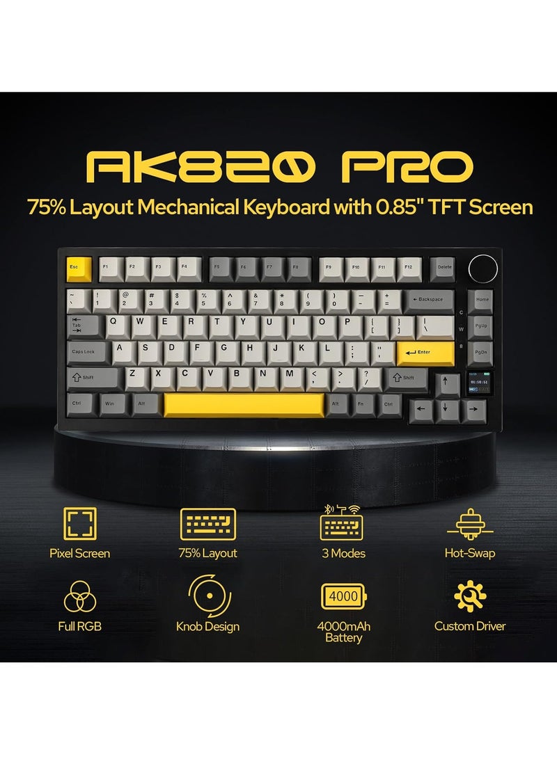 إيه جاز لوحة مفاتيح الألعاب AK820 Pro، لوحة مفاتيح ميكانيكية بنسبة 75% مثبتة بمطاط، مزودة بشاشة عرض TFT ذكية، إضاءة RGB، 3 أوضاع (بلوتوث 5.1/2.4G لاسلكي وكابل Type-C)، رغوات تخفيف الصوت (أسود رمادي، مفتاح سمكة طائرة) - Image 2