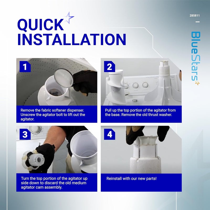 BlueStars Ultra Durable 285811 Washer Medium Agitator Repair Kit Replacement - Exact Fit for Whirlpool & Kenmore Washers - Replaces 3363663 AP3138838 PS334650 3347410 3948431 3351001 - Image 4