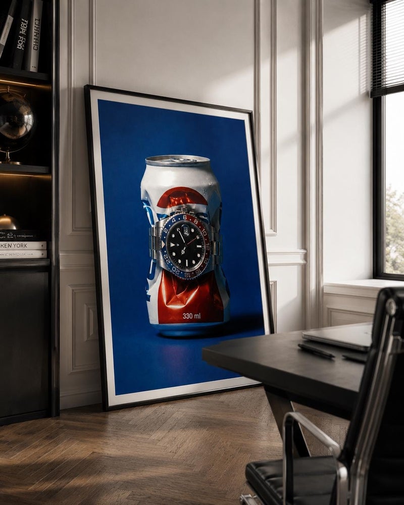 TNESSENTIAL Watch and Crushed Soda Can Pop Art Print, Blue Red Statement Wall Decor - Image 1