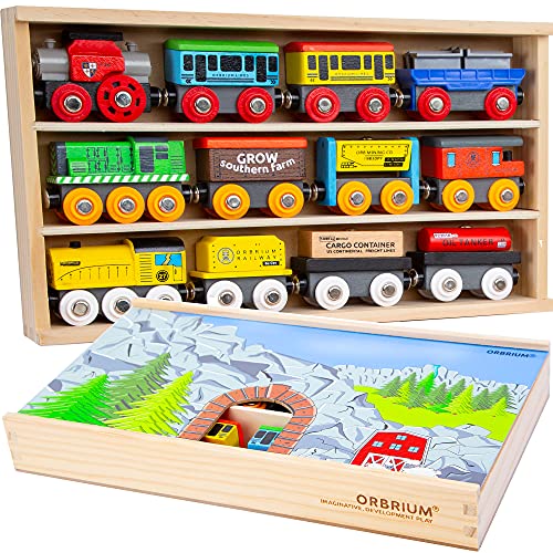 Orbrium Wooden Train Cars Gift Set with Wooden Storage Box with Box Cover Tunnel for 3,4,5,6,7 Years Old Compatible with Thomas & Friends, Brio, IKEA, Imaginarium, Melissa and Doug by ORBRIUM - Image 1